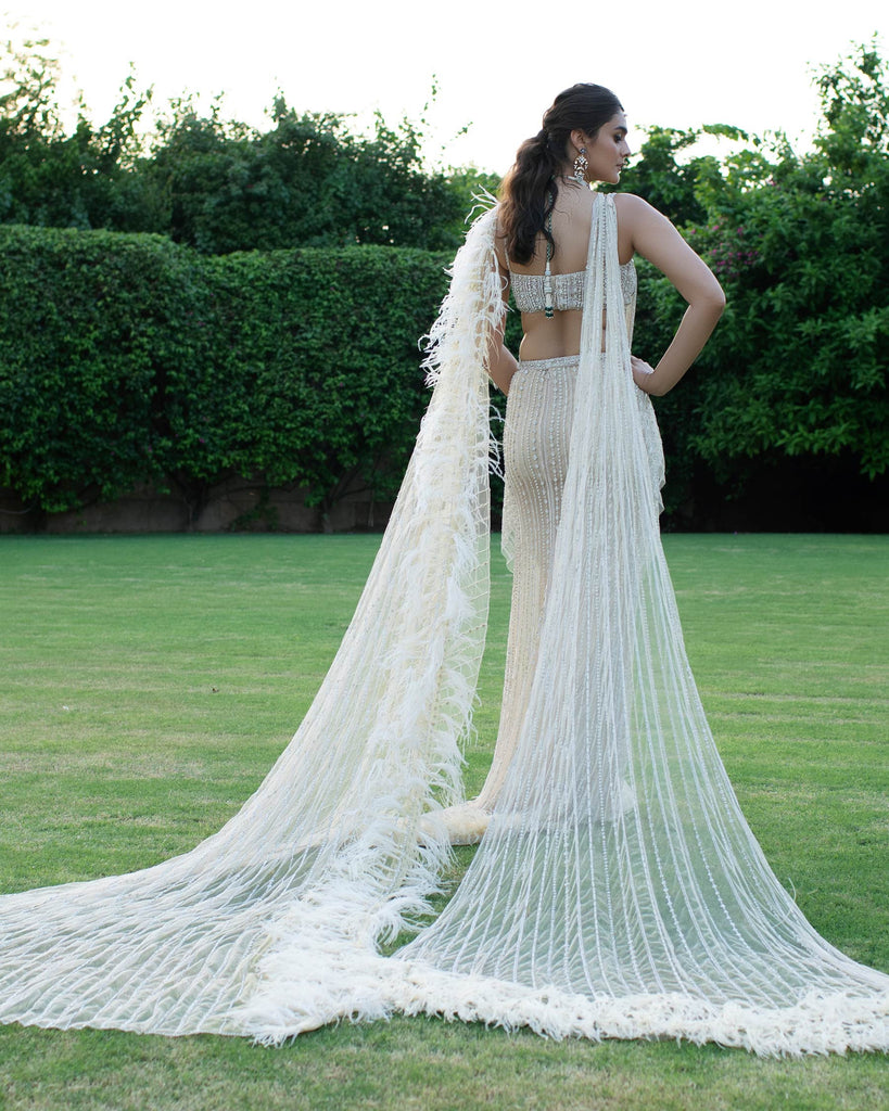 Stone Grey Saree Gown with Hand-Embroidered Metallic Bodice & 3D Pallu -  Seasons India